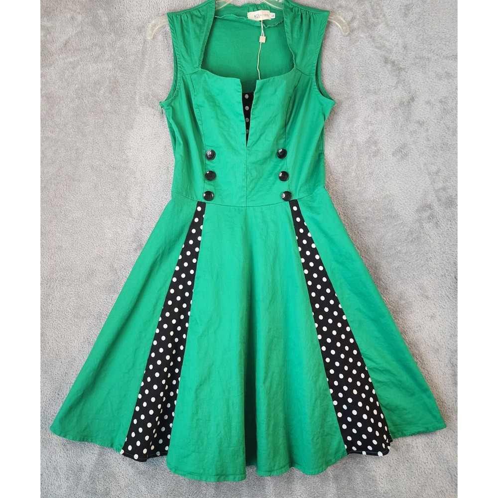 Killreal Dress Women Large Green Polka Dot Panel Button Front Sleeveless Retro
